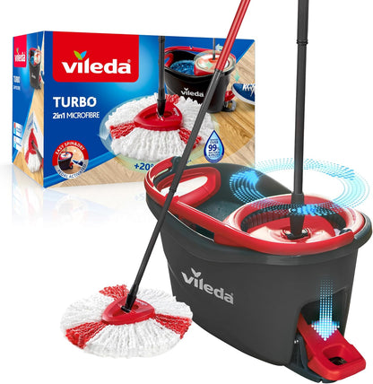 Vileda Turbo, Conjunto de esfregar com balde de pedal, vara telescópica 85 a 123 cm, torcido giratório