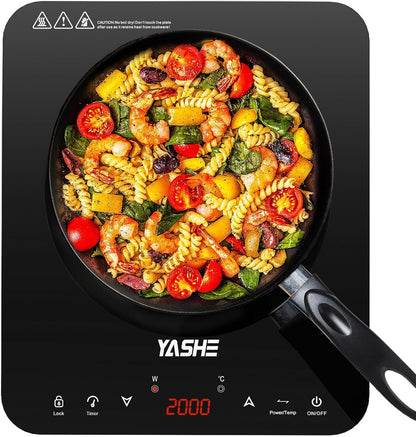 YASHE Placa de indução – placa de indução portátil, 10 configurações de potência e 10 configurações de temperatura. Placa de indução de 2000 watts, temporizador de 4 horas, bloqueio para crianças