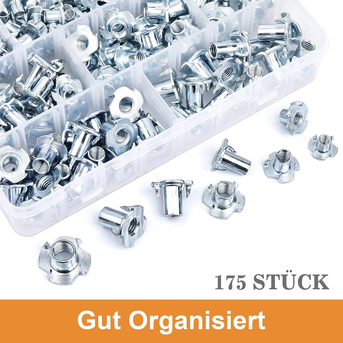 Conjunto VIGRUE de 175 porcas drive-in com 4 pontas drive-in, aço galvanizado, disponível em M5, M6, M8, M10, rosca de impacto para fixação de componentes, para madeira, plástico