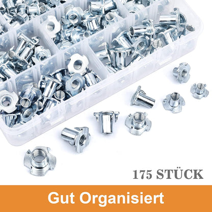 Conjunto VIGRUE de 175 porcas drive-in com 4 pontas drive-in, aço galvanizado, disponível em M5, M6, M8, M10, rosca de impacto para fixação de componentes, para madeira, plástico