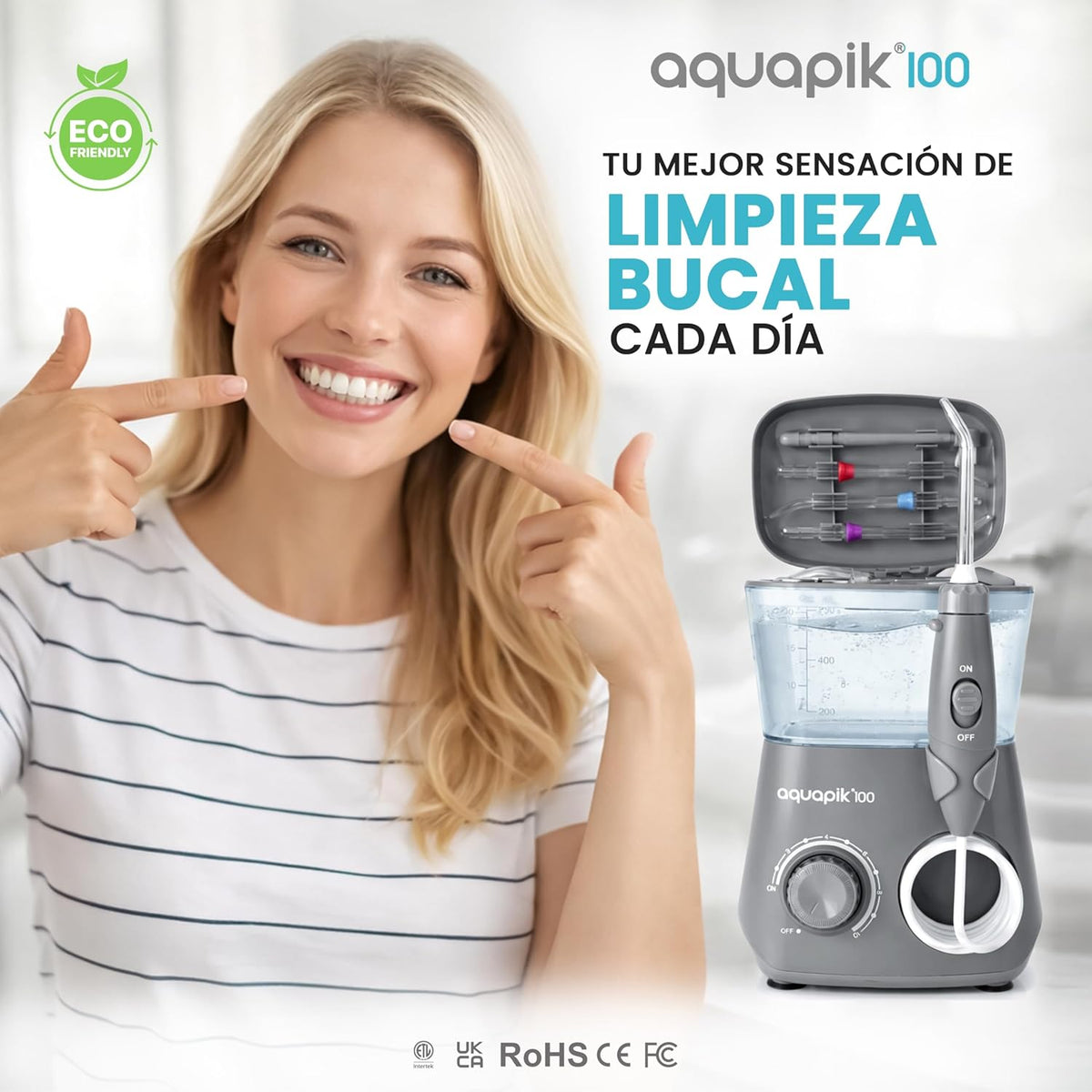 Irrigador dental de mesa Aquapik 100® – Limpeza bucal profunda com 10 níveis de pressão, 9 boquilhas, depósito de 600 ml, ideal para gengivas sensíveis, ortodontia, pontes e implantes. (Cinza)