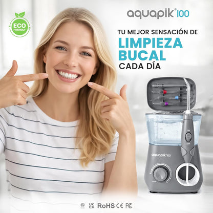 Irrigador dental de mesa Aquapik 100® – Limpeza bucal profunda com 10 níveis de pressão, 9 boquilhas, depósito de 600 ml, ideal para gengivas sensíveis, ortodontia, pontes e implantes. (Cinza)