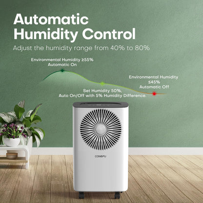 CONOPU Deshumidificador 12 l/dia, drenagem contínua, desumidificação automática, modo de sono, temporizador de 24 horas, desumidificadores baixo consumo, proporcionando uma experiência confortável e seca