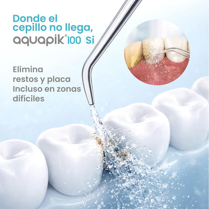 Irrigador dental de mesa Aquapik 100® – Limpeza bucal profunda com 10 níveis de pressão, 9 boquilhas, depósito de 600 ml, ideal para gengivas sensíveis, ortodontia, pontes e implantes. (Cinza)