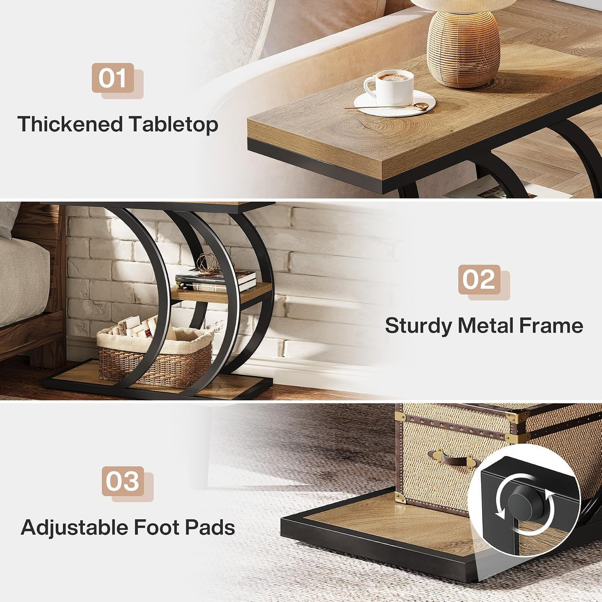 Tribesigns C-Shaped Side Table, 3-Tier Narrow Wood Bedside Table, Small Coffee Sofa Table with Storage for Living Room, Industrial Nightstand for Bedroom, Small Spaces, Natural (1)