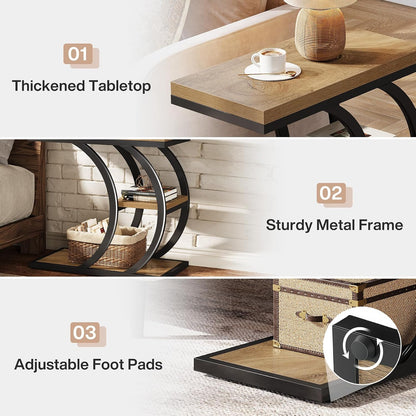 Tribesigns C-Shaped Side Table, 3-Tier Narrow Wood Bedside Table, Small Coffee Sofa Table with Storage for Living Room, Industrial Nightstand for Bedroom, Small Spaces, Natural (1)
