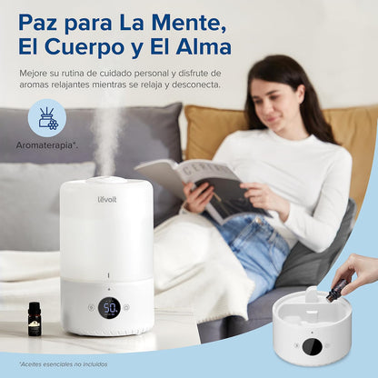 LEVOIT Humidificador inteligente de névoa fria para quarto e bebé com sensor, controlo por APP e voz, difusor de óleos essenciais, temporizador para quarto, <28dB, 3L Top-Fill, branco