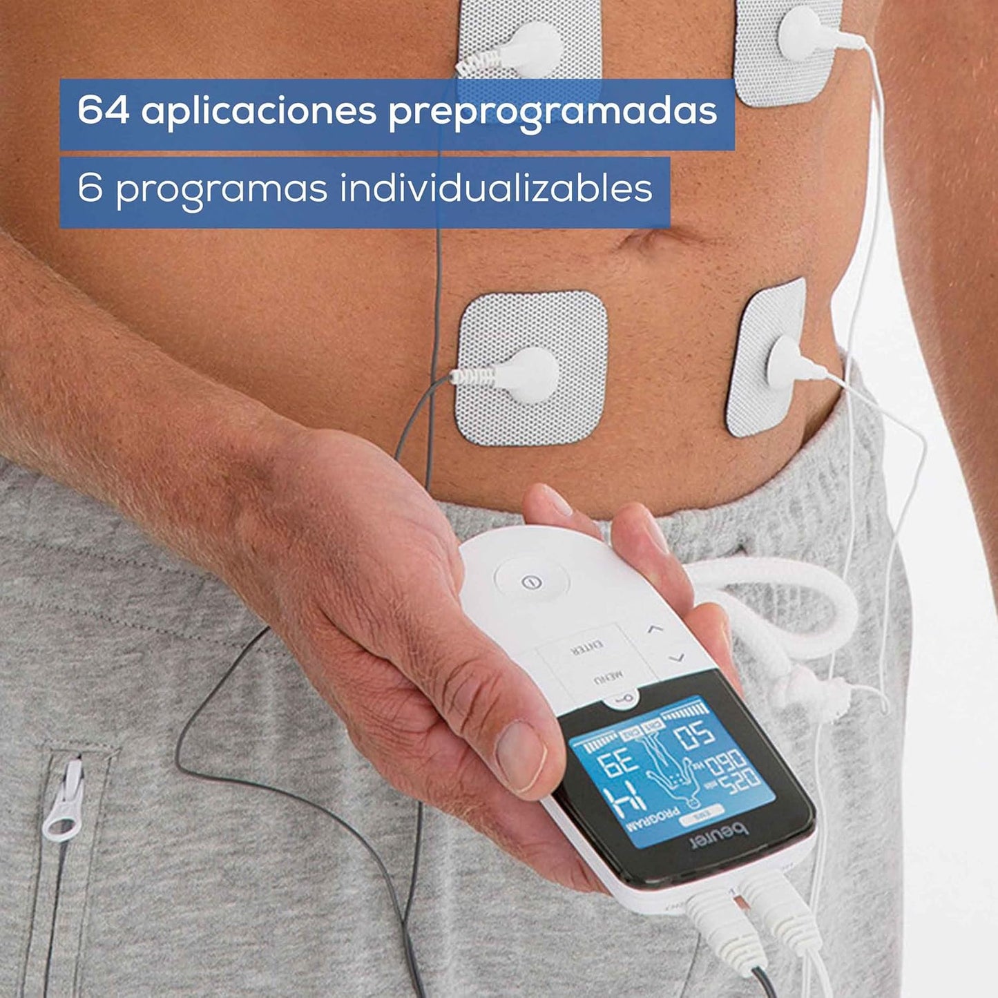 Beurer EM 49 TENS/EMS digital, dispositivo de corrente de estimulação 3 em 1 para alívio da dor e treino, função de massagem, inclui 4 eletrodos, cor branca