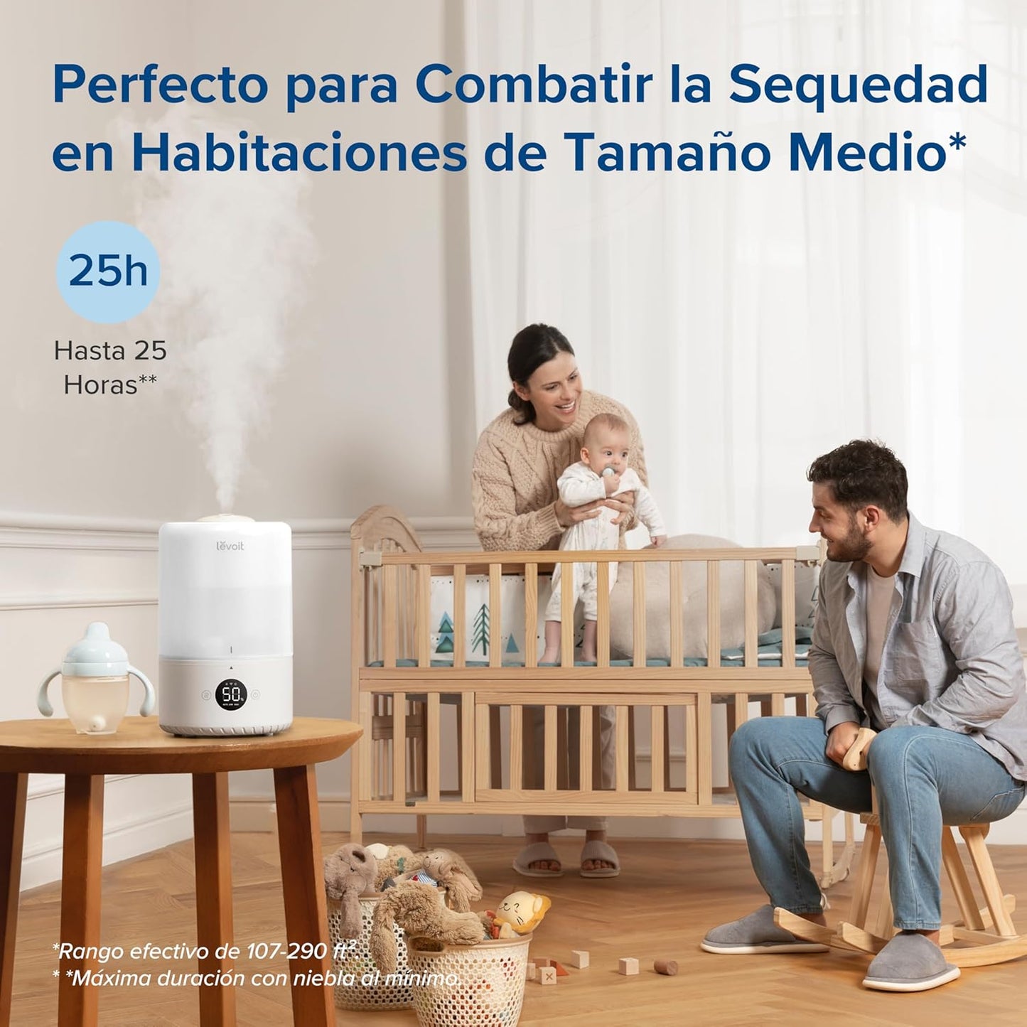 LEVOIT Humidificador inteligente de névoa fria para quarto e bebé com sensor, controlo por APP e voz, difusor de óleos essenciais, temporizador para quarto, <28dB, 3L Top-Fill, branco