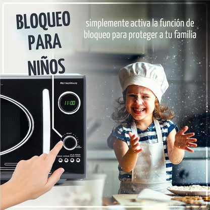 Nostalgia Microondas retro de bancada - grande potência de 800 watts - 25 litros - 12 programas de cozedura pré-estabelecidos - relógio digital - utensílios de cozinha - preto