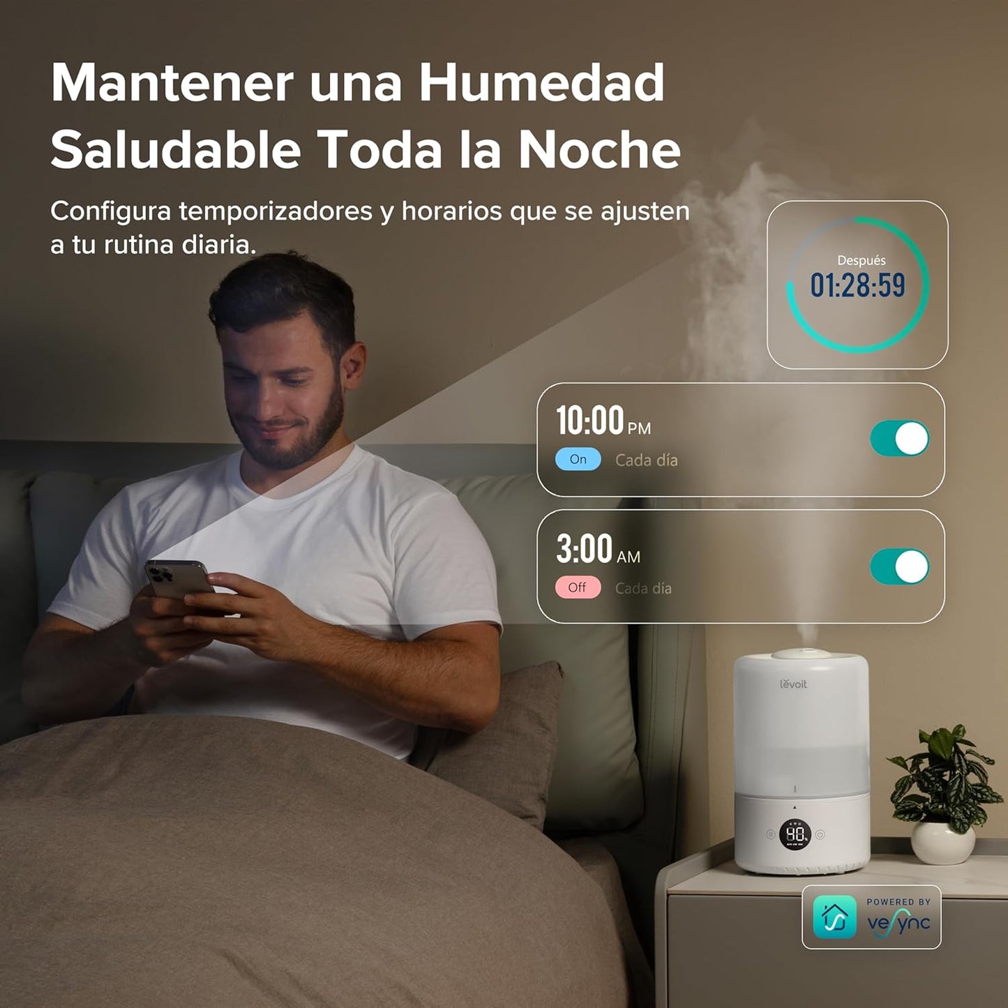 LEVOIT Humidificador inteligente de névoa fria para quarto e bebé com sensor, controlo por APP e voz, difusor de óleos essenciais, temporizador para quarto, <28dB, 3L Top-Fill, branco