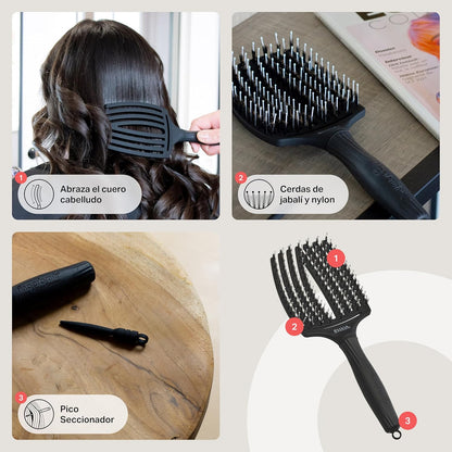Olivia Garden - Fingerbrush Combo Large - Escova de Cabelo Longo - Anti-puxões para Cabelo Seco e Desembaraçado - Cerdas de Javali e Nylon para um Brilho Natural - Cabelo Fino, Médio e Grosso - Preto