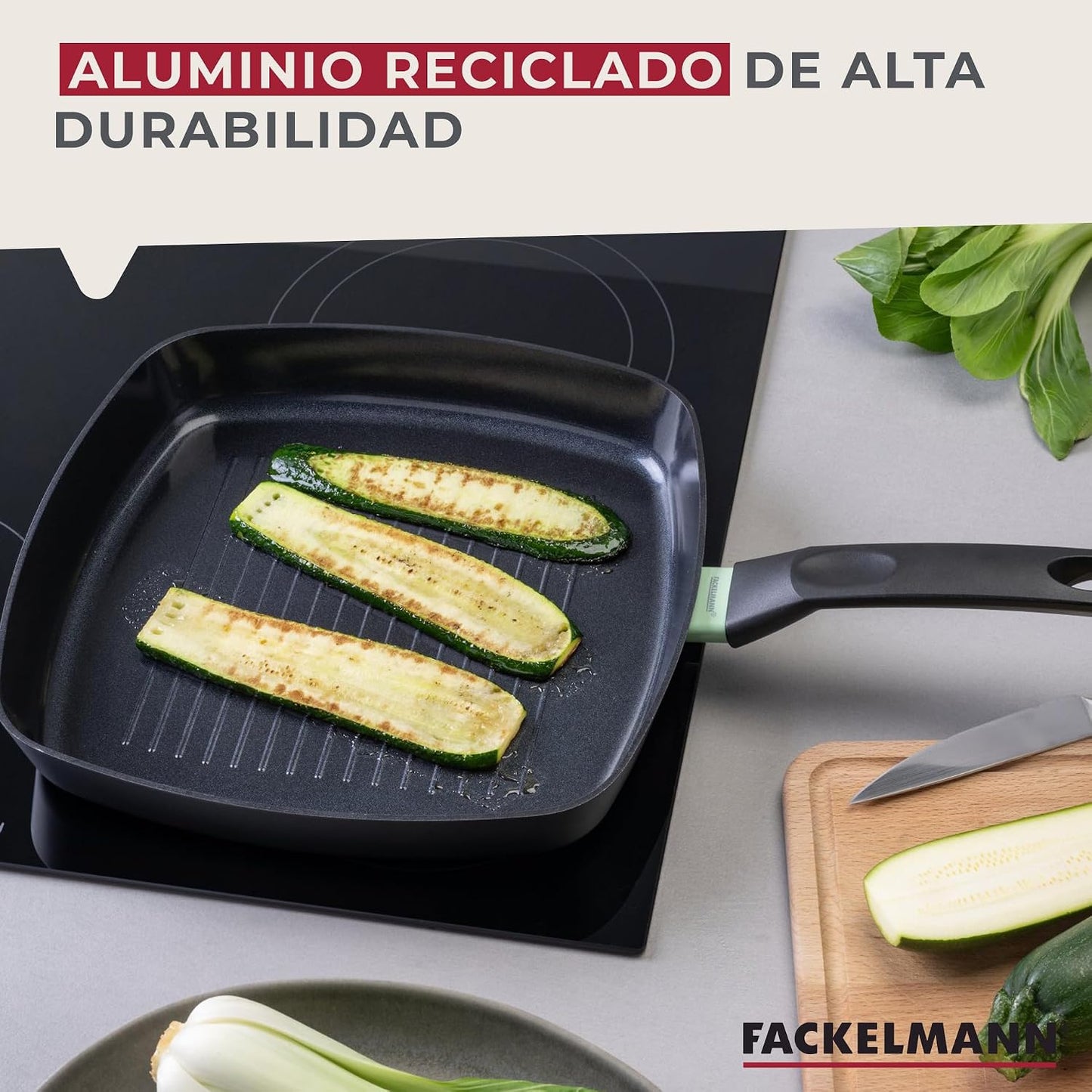 Fackelmann Brandao Grelhador Antiaderente 28 cm, Alumínio Reciclado e Cabo de Baquelite, Revestimento Cerâmico CK2 sem PFA, Adequado para Indução, Vitrocerâmica, Gás e Forno, Cabo Ergonómico, 1 un.