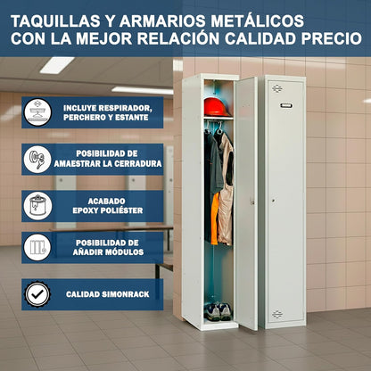 SimonRack Cacifo Vestuário Metálico, 1 Porta, Inclui Chave, Profissional, 1800x300x500 mm