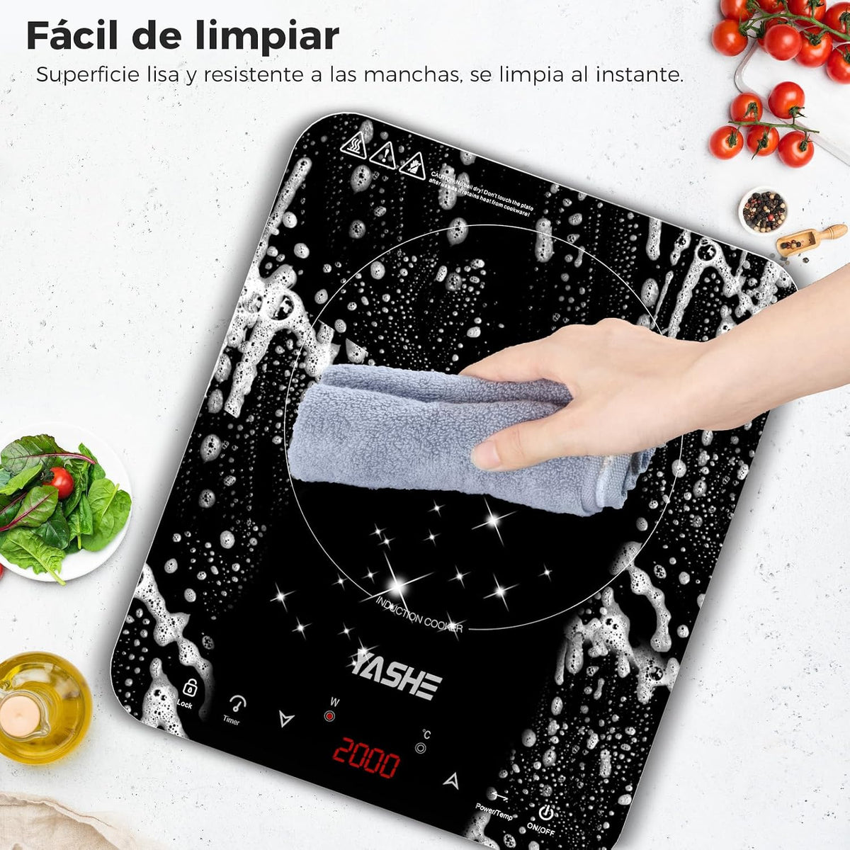 YASHE Placa de indução – placa de indução portátil, 10 configurações de potência e 10 configurações de temperatura. Placa de indução de 2000 watts, temporizador de 4 horas, bloqueio para crianças