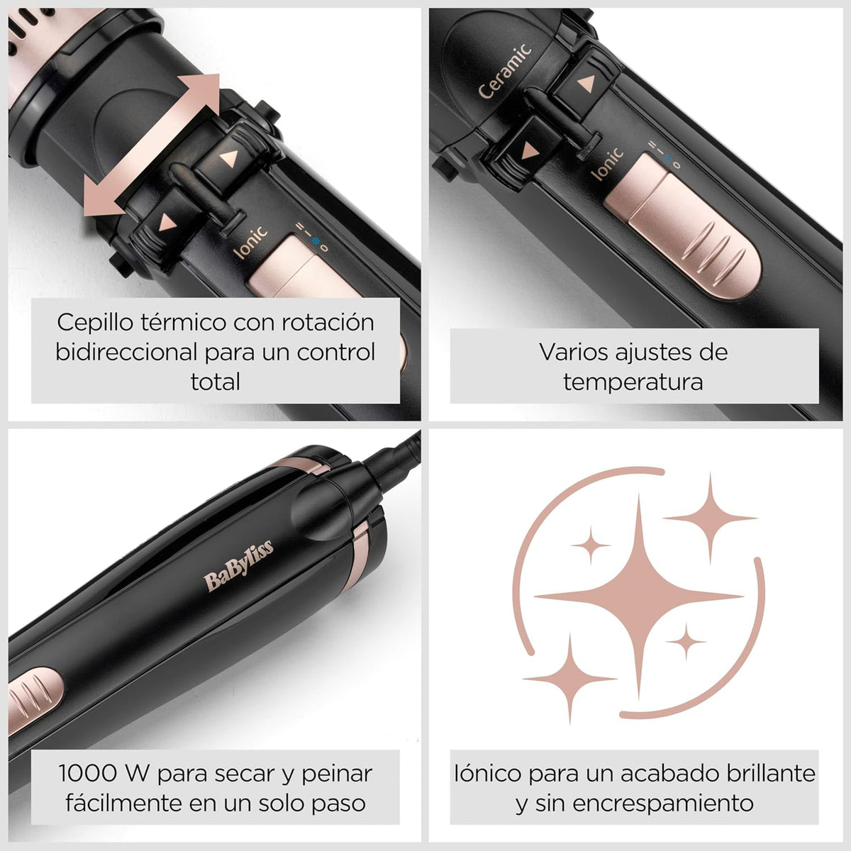 BaByliss Secador, Alisador e Styler - Escova rotativa de ar, Styler iônico com 4 acessórios, Escova Volumizadora, Escova Secador de cabelo, Preto, AS200E