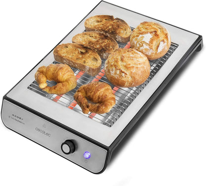 Cecotec Torradeira Plana Horizontal Turbo Easy Toast Inox. 900 W de Potência em 6 Níveis, 3 Resistências de Quartzo, Bandeja de Recolha de Migalhas, Orifício para Cabos, Acabamento em Aço Inoxidável