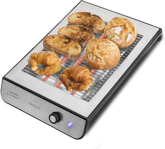 Cecotec Torradeira Plana Horizontal Turbo Easy Toast Inox. 900 W de Potência em 6 Níveis, 3 Resistências de Quartzo, Bandeja de Recolha de Migalhas, Orifício para Cabos, Acabamento em Aço Inoxidável