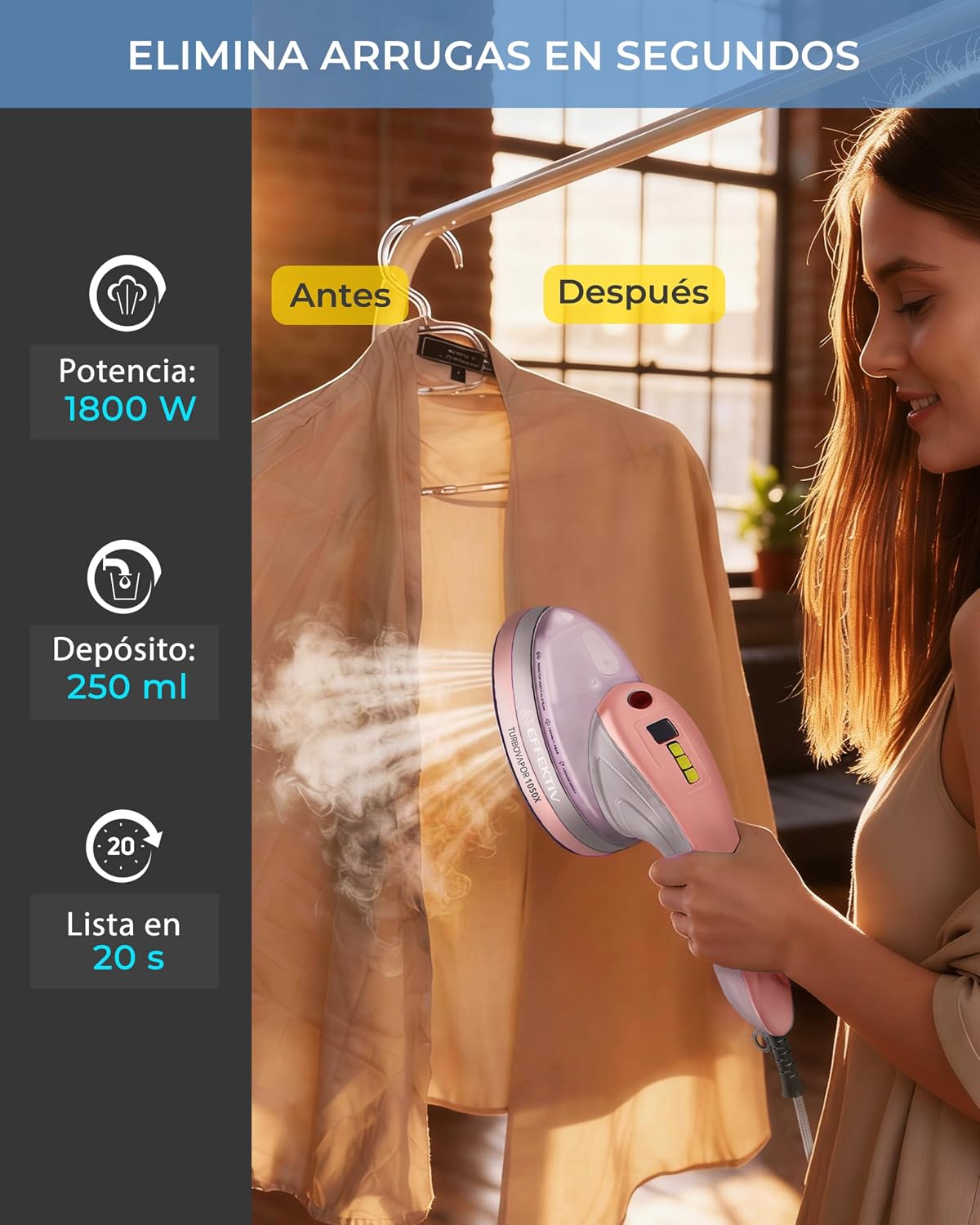 EFFEKTIV Ferro a Vapor Vertical 1800W com Bomba Integrada – Ferro de Roupa 3 em 1 com Escova de Vapor e Centro de Planchado Compacto – Vapor 1,8 Bar – Reservatório 250 ml – Cabo 3 m –