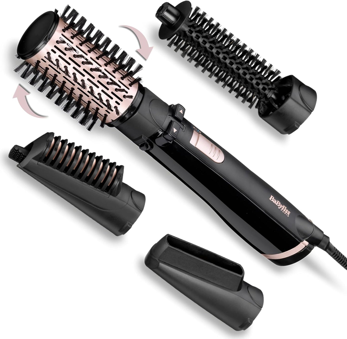 BaByliss Secador, Alisador e Styler - Escova rotativa de ar, Styler iônico com 4 acessórios, Escova Volumizadora, Escova Secador de cabelo, Preto, AS200E