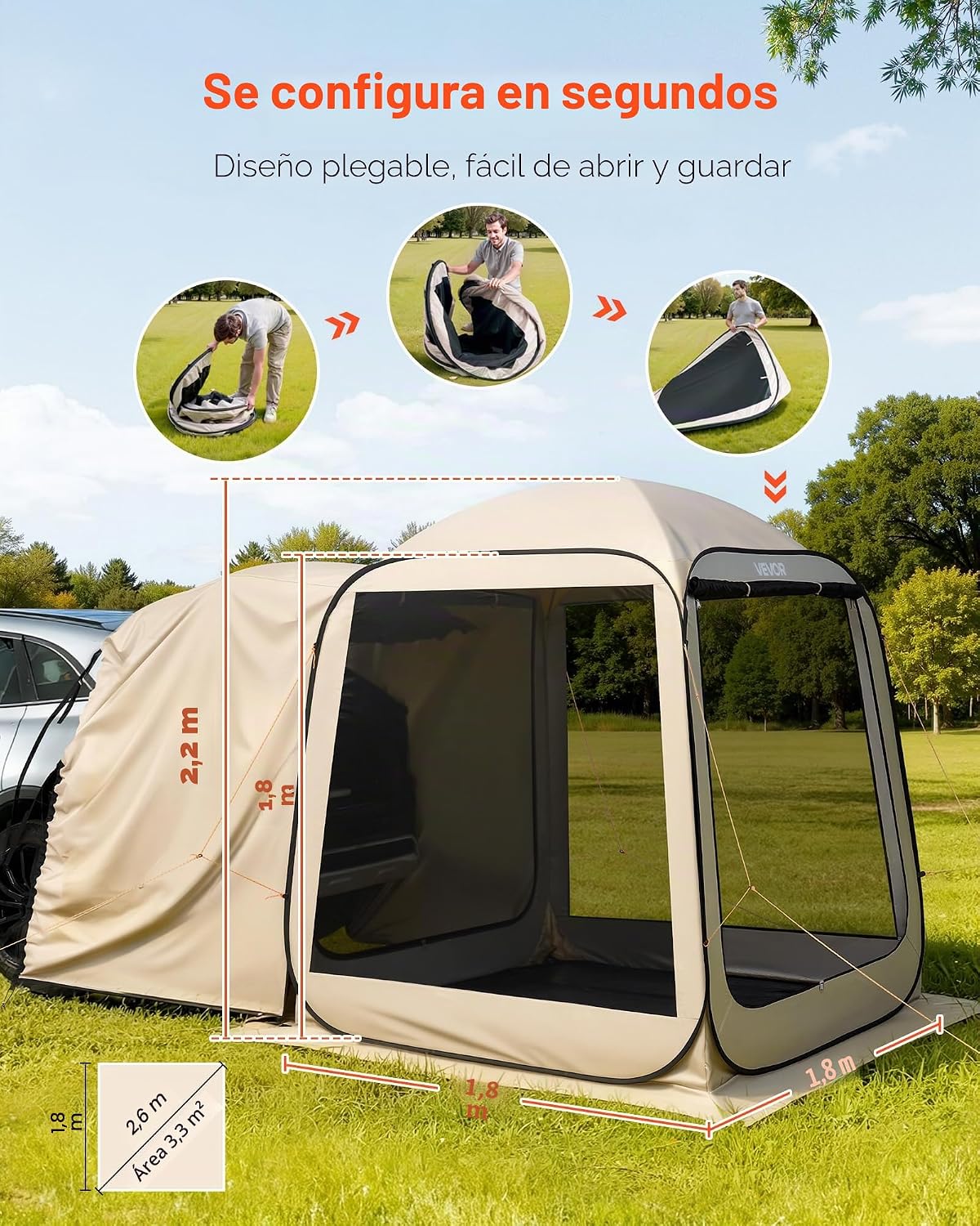 VEVOR Tenda de campanha com mosquiteira, 1825 x 1825 x 2200 mm, 4-6 pessoas, dobrável, para porta traseira SUV,