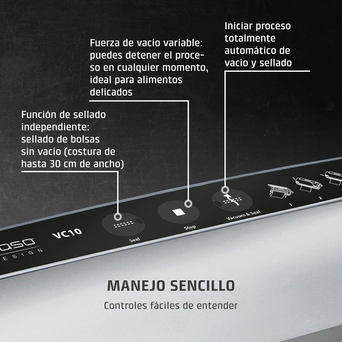 CASO VC 10 - Embaladora a vácuo doméstica compacta - máquina a vácuo de alimentos - costura de soldagem de 30 cm de comprimento e estável - Aplicação gratuita Food Manager - prateado