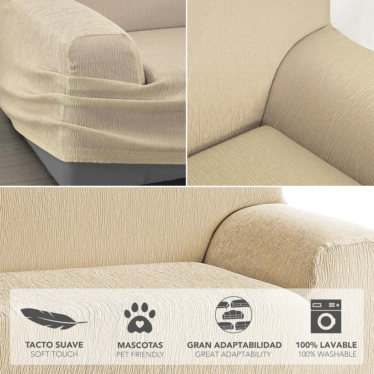 Martina Home Capa de sofá elástica modelo Emilia - cor bege, 3 lugares (170 a 220 cm)