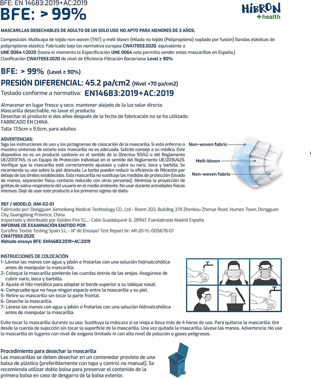 HIBRON 100 Máscaras Pretas Higiénicas Descartáveis Homologadas CWA 17553: 2020, BFE > 99%.