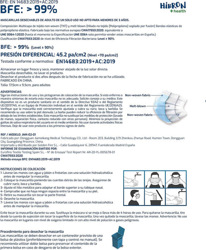HIBRON 100 Máscaras Pretas Higiénicas Descartáveis Homologadas CWA 17553: 2020, BFE > 99%.