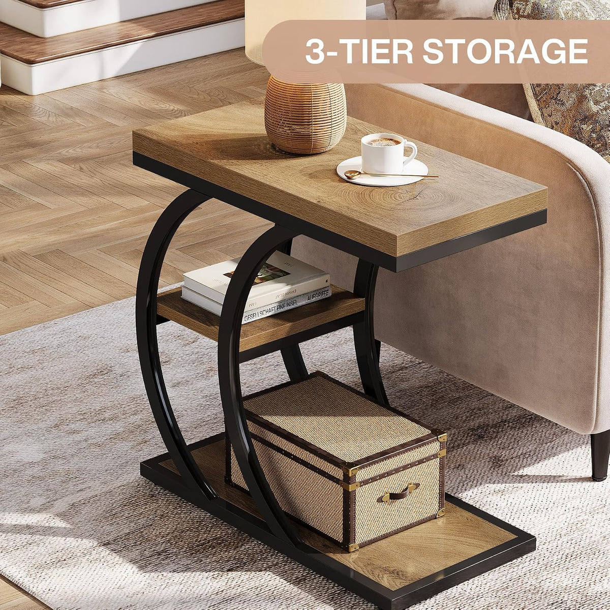 Tribesigns C-Shaped Side Table, 3-Tier Narrow Wood Bedside Table, Small Coffee Sofa Table with Storage for Living Room, Industrial Nightstand for Bedroom, Small Spaces, Natural (1)