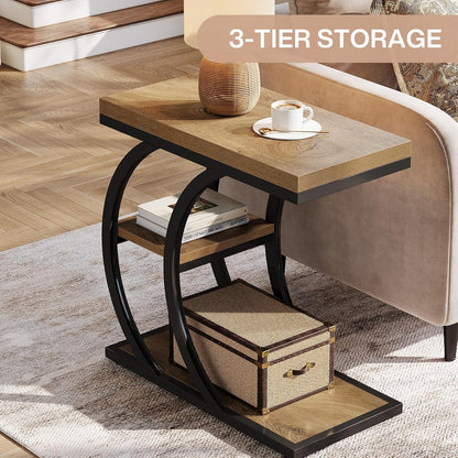 Tribesigns C-Shaped Side Table, 3-Tier Narrow Wood Bedside Table, Small Coffee Sofa Table with Storage for Living Room, Industrial Nightstand for Bedroom, Small Spaces, Natural (1)