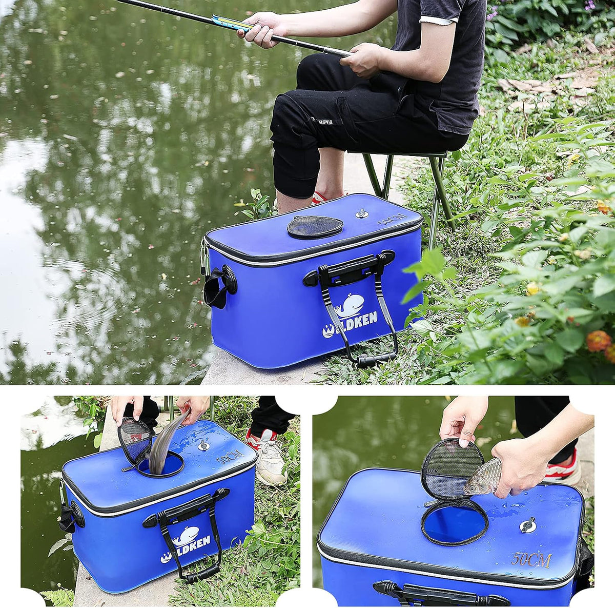 Wildken – Saco de Pesca Portátil em EVA, Balde de Água para Pesca, Viveiro Dobrável para Peixe Vivo, Recipiente/Depósito de Água Dobrável para Viagens, Caminhadas e Pesca – 50 cm / Azul