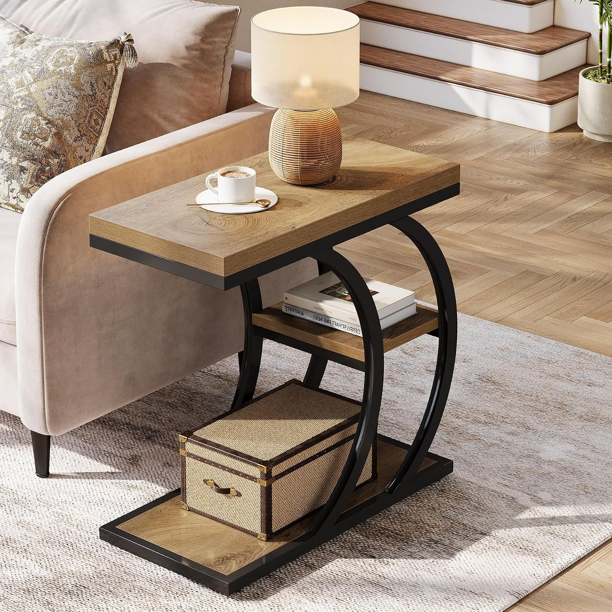 Tribesigns C-Shaped Side Table, 3-Tier Narrow Wood Bedside Table, Small Coffee Sofa Table with Storage for Living Room, Industrial Nightstand for Bedroom, Small Spaces, Natural (1)