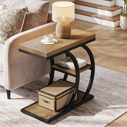Tribesigns C-Shaped Side Table, 3-Tier Narrow Wood Bedside Table, Small Coffee Sofa Table with Storage for Living Room, Industrial Nightstand for Bedroom, Small Spaces, Natural (1)