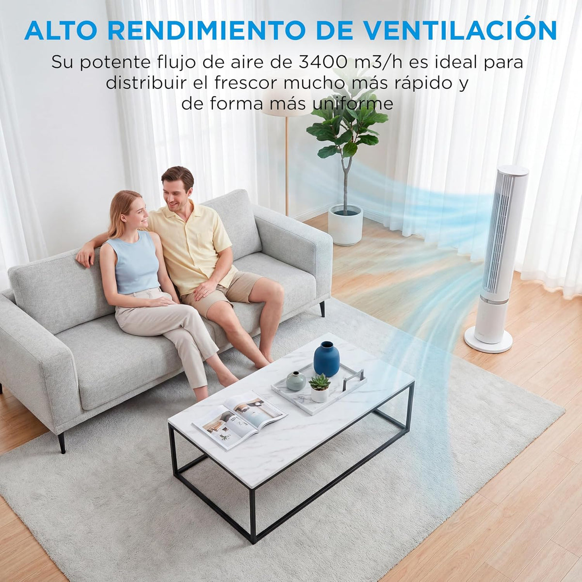 MIDEA Ventilador de torre de 4 velocidades com controlo remoto, ventilador de torre silencioso com oscilação de 90º - refrigerador de ar com temporizador - climatizador frio potente até 9 m - Fan