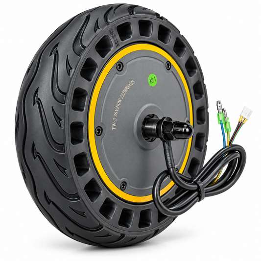 RODA COM MOTOR ELÉTRICO 36V 350W – 10 × 2.125Modelo/Referência do motor: TW-3
Tipo: Motor elétrico integrado na roda (Hub Motor)
Tensão nominal: 36 V
Potência: 350 W
Medida do pneu: 10 × 2.125
Pneu: Maciço, sem necessidade de câmara de ar