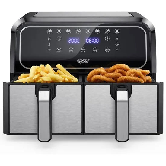 Fritadeira sem óleo Innsky Dual Zone, 8 L, com 8 programas, fritadeira de ar quente XXL com cesto duplo, ecrã tátil LED.