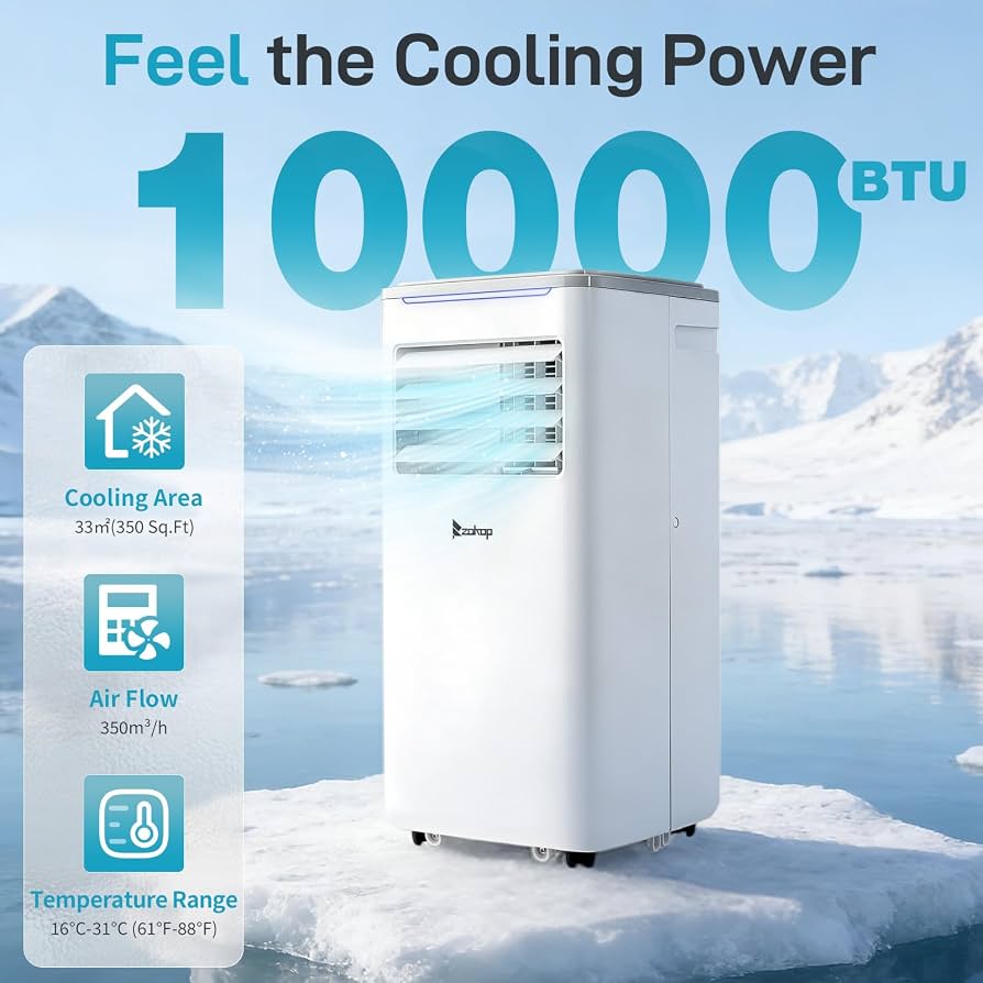 Karl home 10000BTU Unidade de Ar Condicionado Portátil com WiFi e Controle Remoto
AC Móvel 5 em 1, Refrigeração, Aquecimento, Desumidificador, Ventilador, Modo de Suspensão, Temporizador 24H, Kit de Janela Incluído, para Casa, Quarto e Escritório