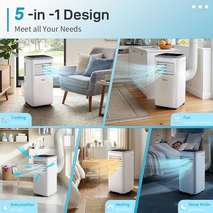 Karl home 10000BTU Unidade de Ar Condicionado Portátil com WiFi e Controle Remoto
AC Móvel 5 em 1, Refrigeração, Aquecimento, Desumidificador, Ventilador, Modo de Suspensão, Temporizador 24H, Kit de Janela Incluído, para Casa, Quarto e Escritório