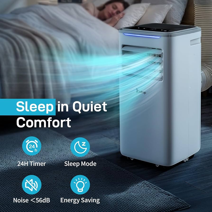 Karl home 10000BTU Unidade de Ar Condicionado Portátil com WiFi e Controle Remoto
AC Móvel 5 em 1, Refrigeração, Aquecimento, Desumidificador, Ventilador, Modo de Suspensão, Temporizador 24H, Kit de Janela Incluído, para Casa, Quarto e Escritório