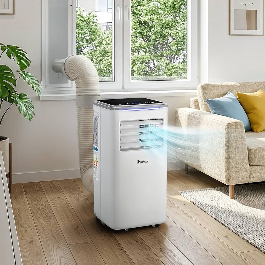 Karl home 10000BTU Unidade de Ar Condicionado Portátil com WiFi e Controle Remoto
AC Móvel 5 em 1, Refrigeração, Aquecimento, Desumidificador, Ventilador, Modo de Suspensão, Temporizador 24H, Kit de Janela Incluído, para Casa, Quarto e Escritório