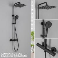 Painel de Duche Termostático,Duche quadrado 30x30 cm, Duche redondo 5 jatos,Duche de chuva com altura regulável,com misturador cobre,Preto