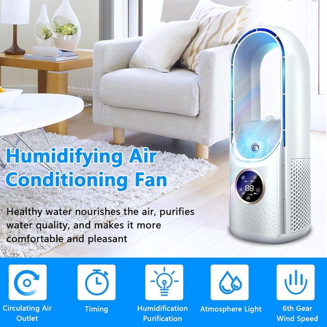 Ar Condicionado para quarto, ventilador de camping, resfriamento/umidificação do ar, três modos, 6 velocidades de vento, branco
