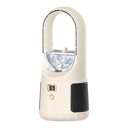 Ventilador portátil, silencioso e sem hélices para mesa, com visor LED, 6 velocidades e função de umidificação Branco.