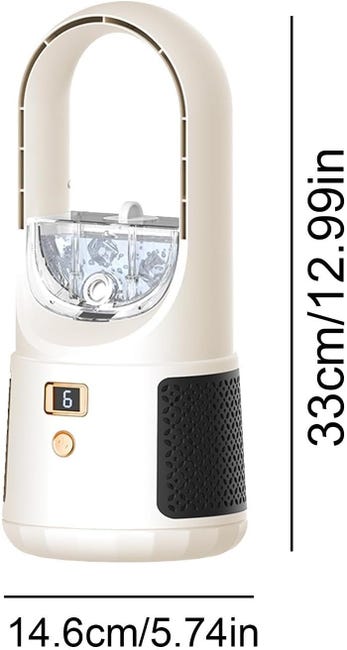 Ventilador portátil, silencioso e sem hélices para mesa, com visor LED, 6 velocidades e função de umidificação Branco.