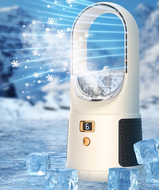 Ventilador portátil, silencioso e sem hélices para mesa, com visor LED, 6 velocidades e função de umidificação Branco.