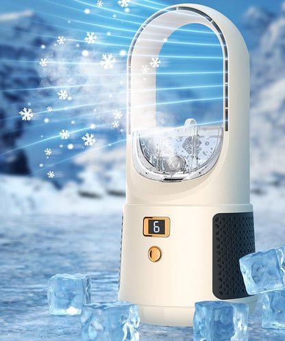 Ventilador portátil, silencioso e sem hélices para mesa, com visor LED, 6 velocidades e função de umidificação Branco.