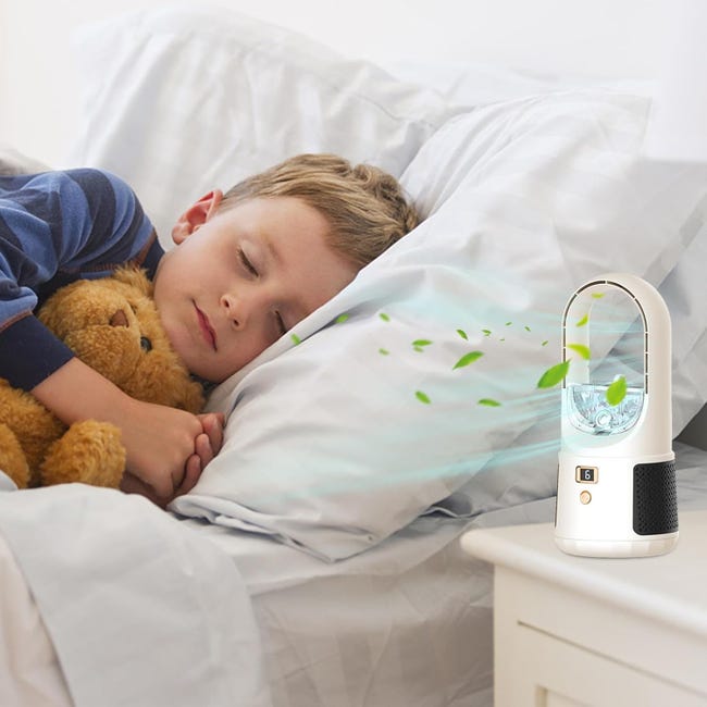 Ventilador portátil, silencioso e sem hélices para mesa, com visor LED, 6 velocidades e função de umidificação Branco.