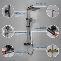 Painel de Duche Termostático,Duche quadrado 30x30 cm, Duche redondo 5 jatos,Duche de chuva com altura regulável,com misturador cobre,Preto