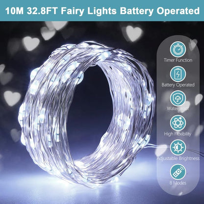 Cordão de Luzes a Pilhas com Temporizador, 10 M, 100 LEDs, Fio de Microfio, 8 Modos, Luzes de Fada para Decoração de Festa de Natal e Casamento em Amb